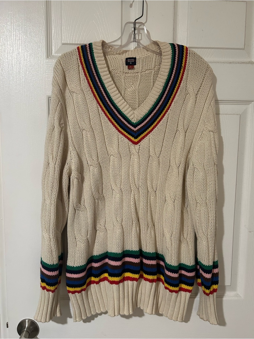 Rowing Blazers Cream Cable-Knit V-Neck Sweater with Rainbow Trim